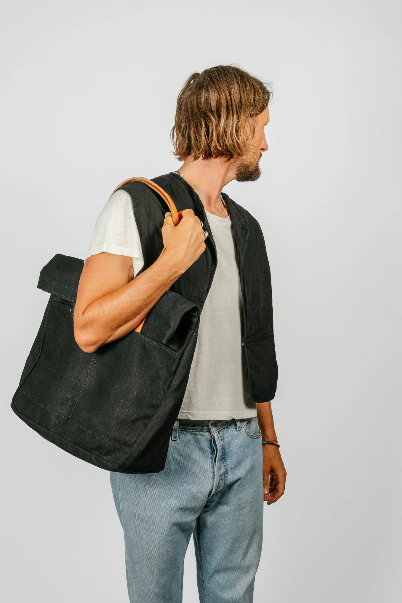 Canvas and Leather Fold Weekender | Black - Image 5